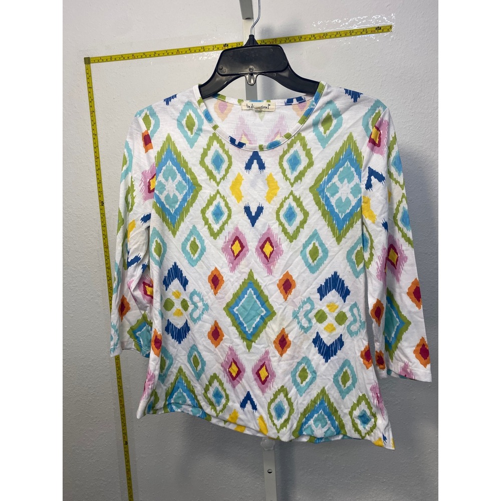 Indigo Soul Womens Multicolor Ikat Diamond Geometric 3/4 Sleeve Knit Top Small